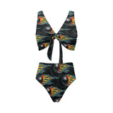 Bowling balls flame pattern Chest Bowknot High Waisted Bikini Swimsuit