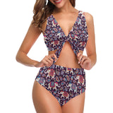 Elephant indian style ornament pattern Chest Bowknot High Waisted Bikini Swimsuit