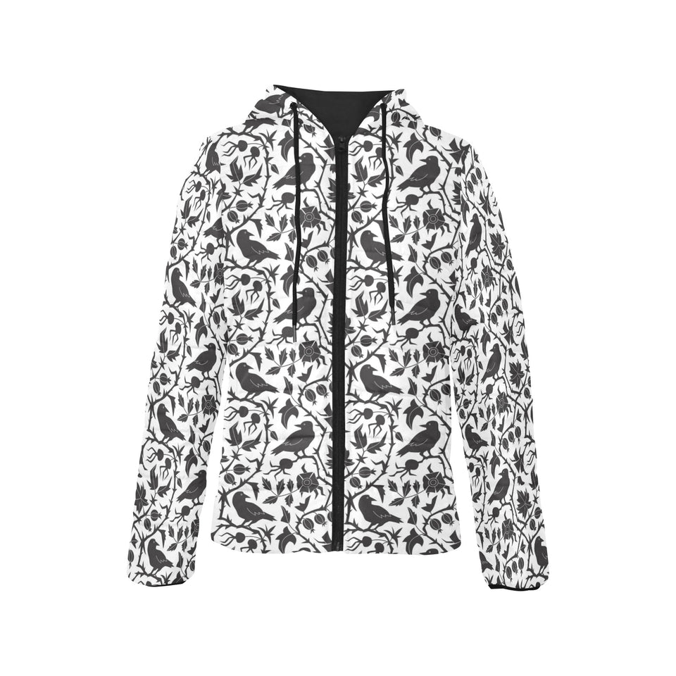Crow dark floral pattern Women's Padded Hooded Jacket