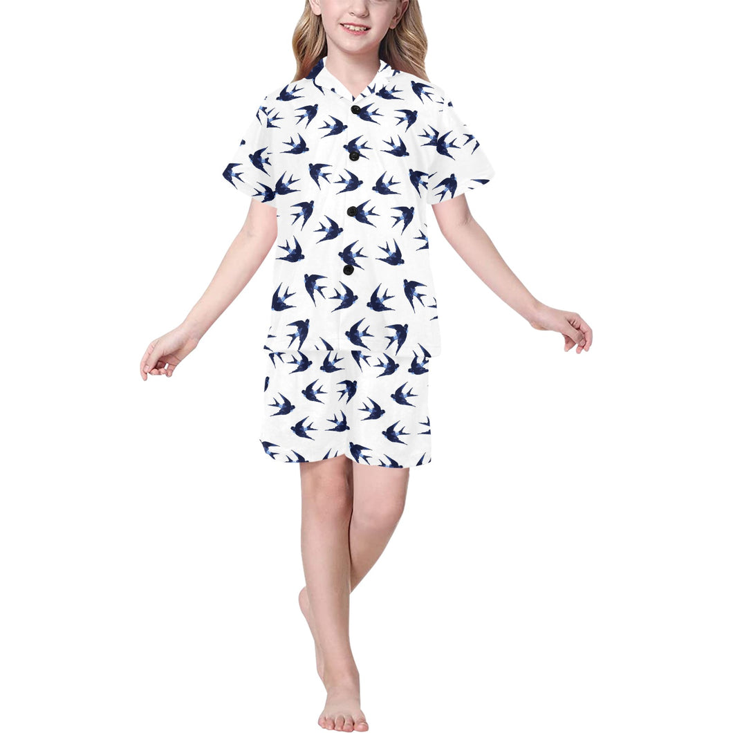 Swallow Pattern Print Design 03 Kids' Boys' Girls' V-Neck Short Pajama Set