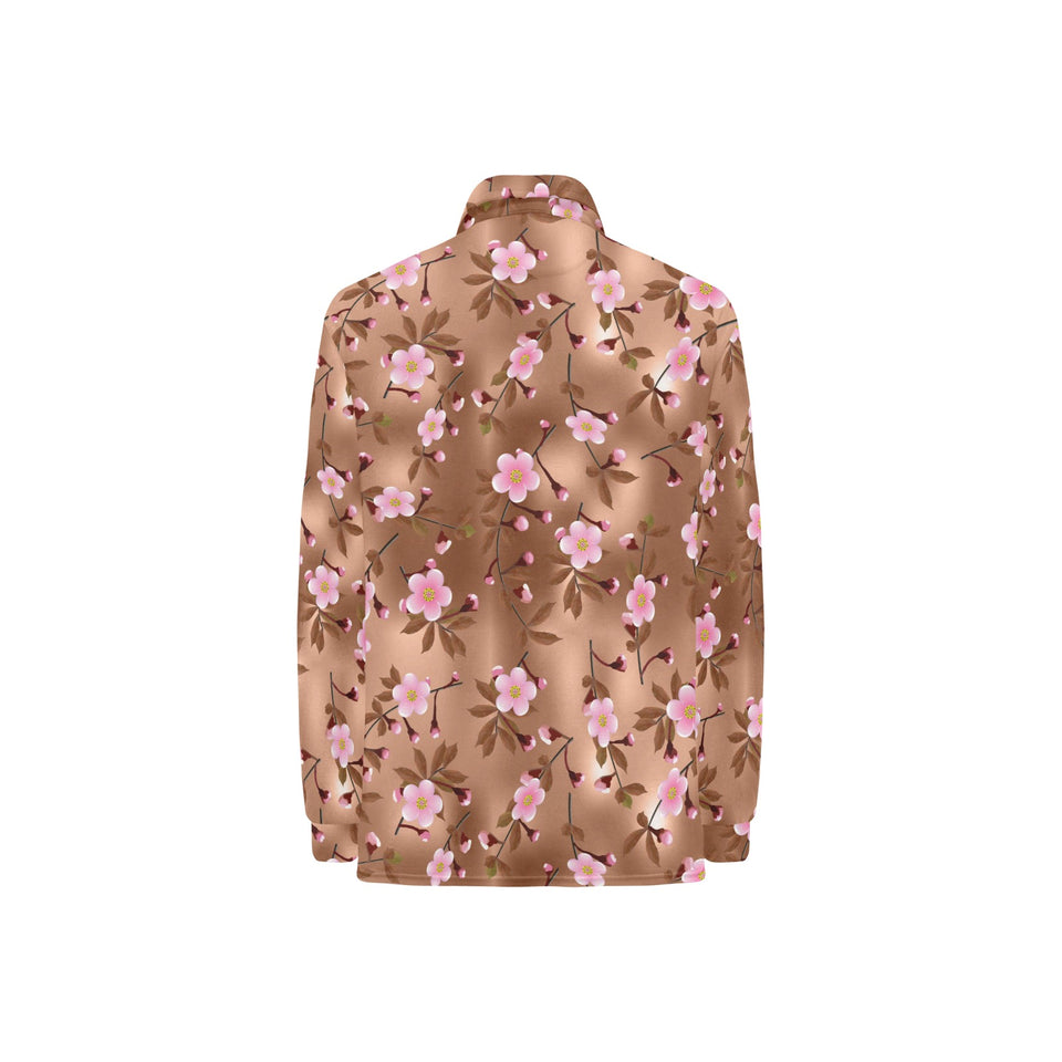 Pink sakura cherry blossom drak brown background Women's Long Sleeve Polo Shirt