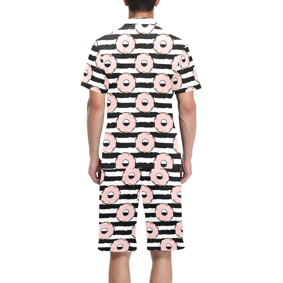 Donuts pink icing striped pattern Men's V-Neck Short Pajama Set