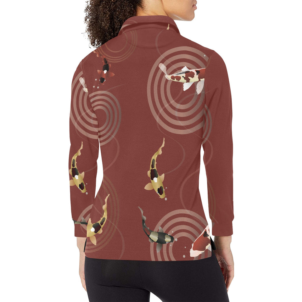 Koi Fish Carp Fish red background Women's Long Sleeve Polo Shirt