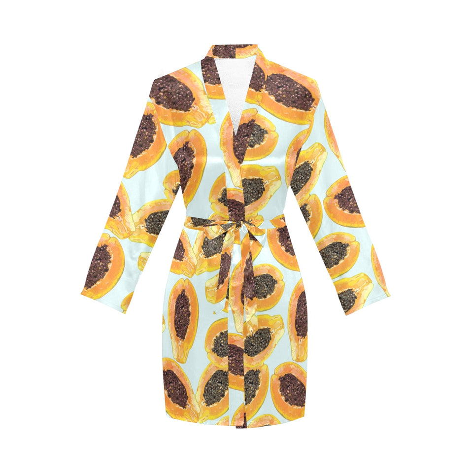 Watercolor papaya pattern Women's Long Sleeve Belted Night Robe