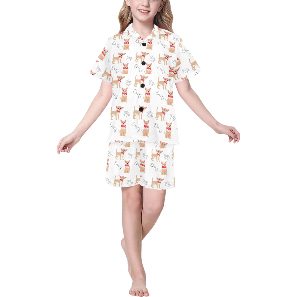 Chihuahua bone paw pattern Kids' Boys' Girls' V-Neck Short Pajama Set