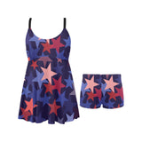 Red blue star pattern Chest Sexy Pleated Two Piece Swim Dress