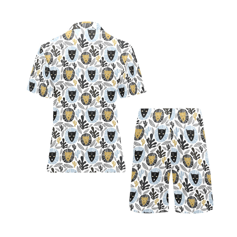 Lion Pattern Print Design 05 Men's V-Neck Short Pajama Set