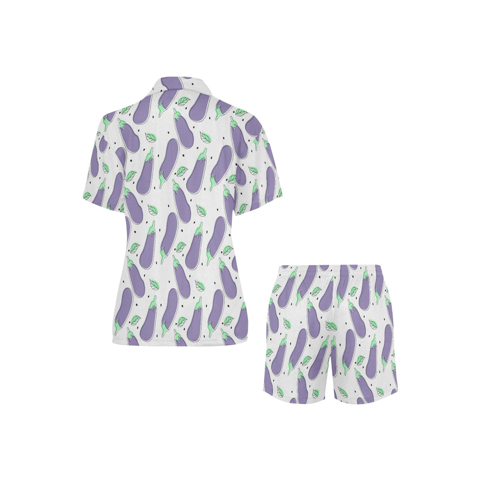 Eggplant Pattern Print Design 05 Women's V-Neck Short Pajama Set