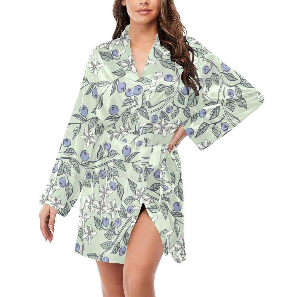 hand drawn blueberry pattern Women's Long Sleeve Belted Night Robe