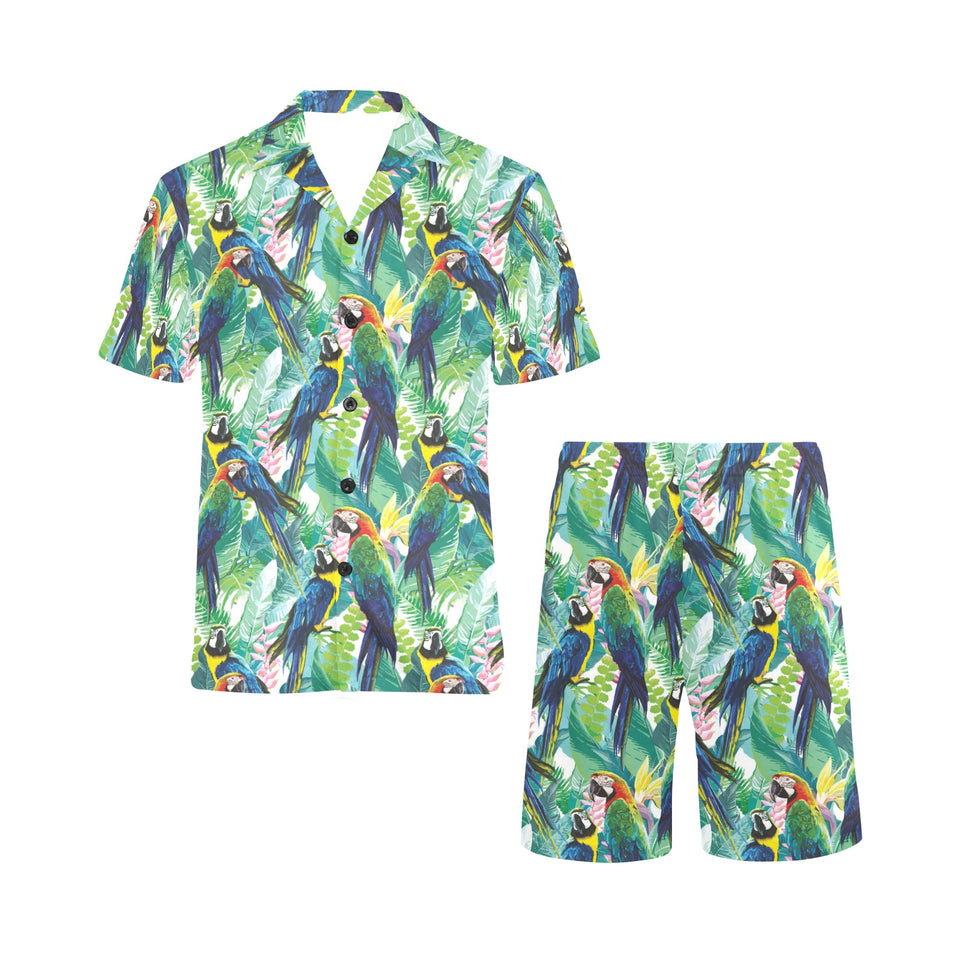 Colorful parrot exotic flower leaves Men's V-Neck Short Pajama Set