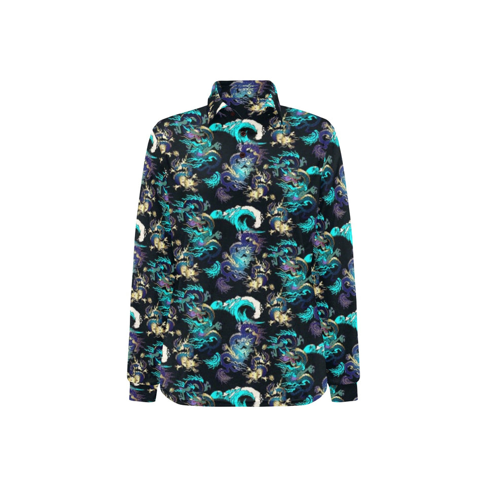 Dragon sea wave pattern Women's Long Sleeve Polo Shirt