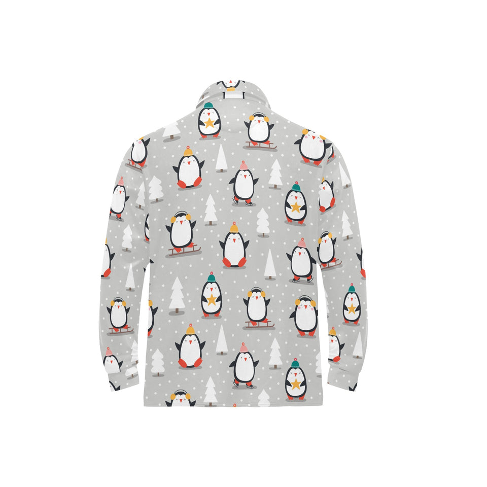 Cute Penguin christmas pattern Men's Long Sleeve Polo Shirt