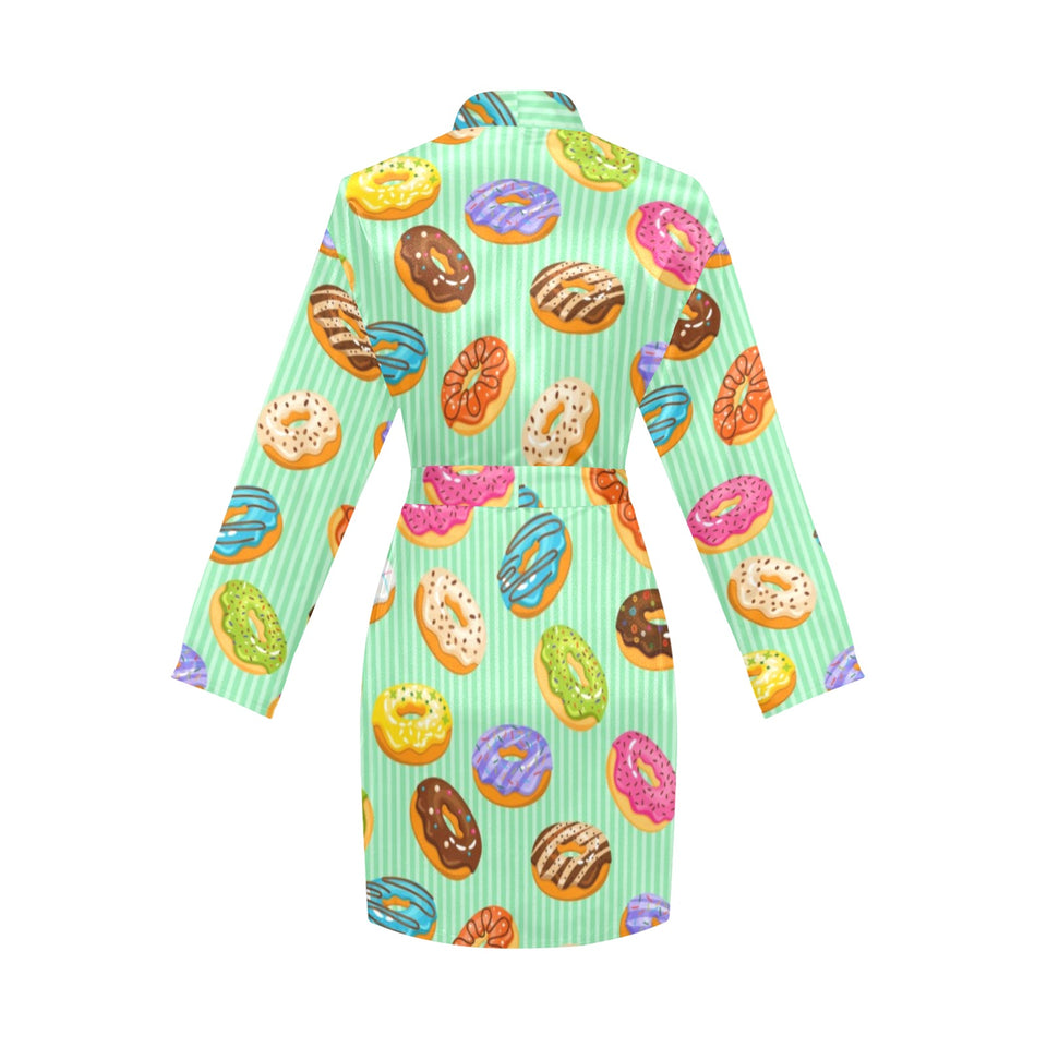 Colorful donut pattern green background Women's Long Sleeve Belted Night Robe