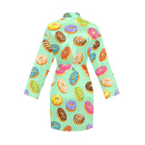 Colorful donut pattern green background Women's Long Sleeve Belted Night Robe