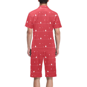 Christmas tree star snow red background Men's V-Neck Short Pajama Set