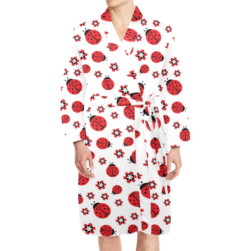 Ladybug Pattern Print Design 04 Men's Long Sleeve Belted Night Robe