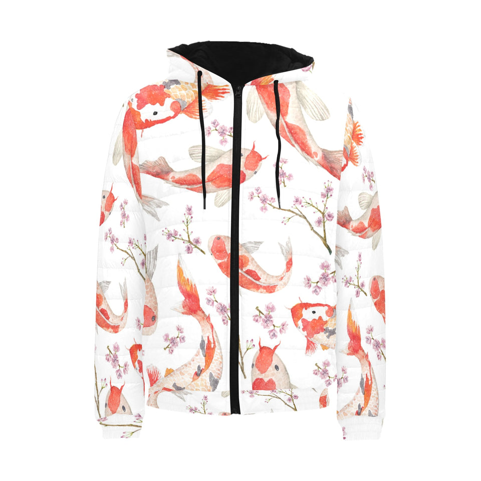 Watercolor Koi Fish Carp Fish pattern Men's Padded Hooded Jacket