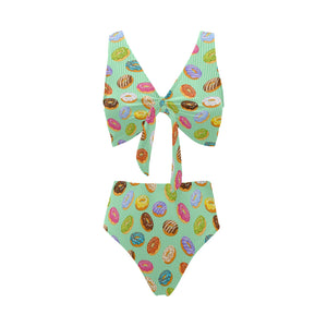Colorful donut pattern green background Chest Bowknot High Waisted Bikini Swimsuit