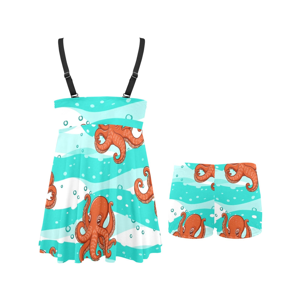 Octopuses sea wave background Chest Sexy Pleated Two Piece Swim Dress