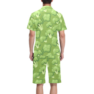 Broccoli pattern green background Men's V-Neck Short Pajama Set