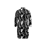 Saxophone music notes treble clef black white them Men's Long Sleeve Belted Night Robe