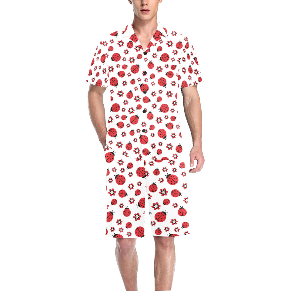 Ladybug Pattern Print Design 04 Men's V-Neck Short Pajama Set