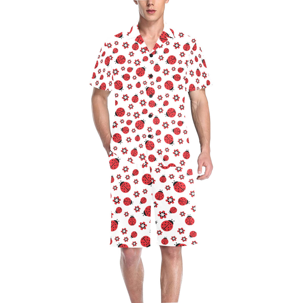 Ladybug Pattern Print Design 04 Men's V-Neck Short Pajama Set