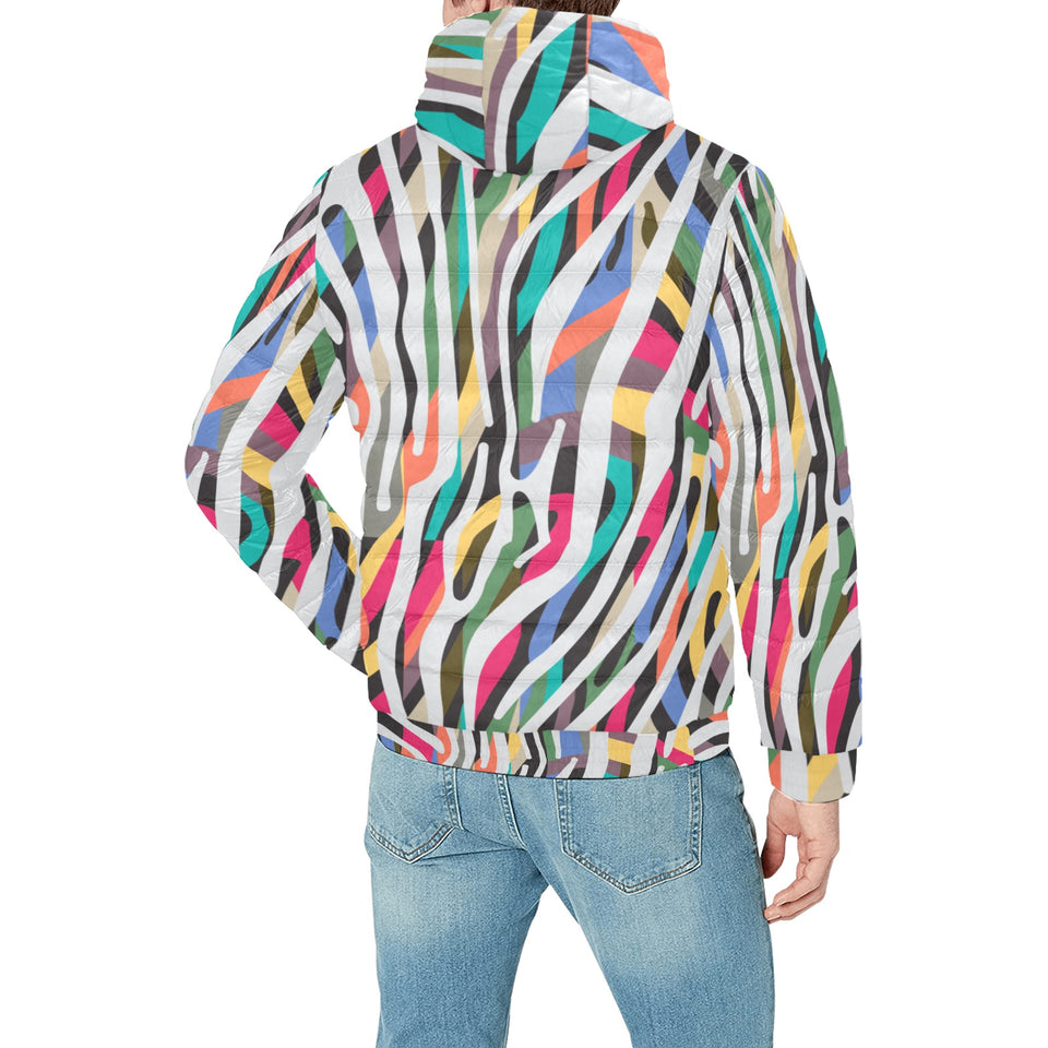 Colorful zebra skin pattern Men's Padded Hooded Jacket