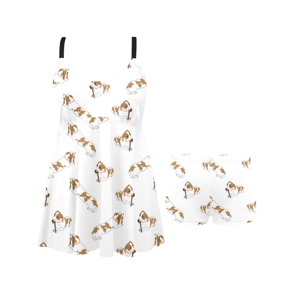 Jack Russel Pattern Print Design 04 Chest Sexy Pleated Two Piece Swim Dress