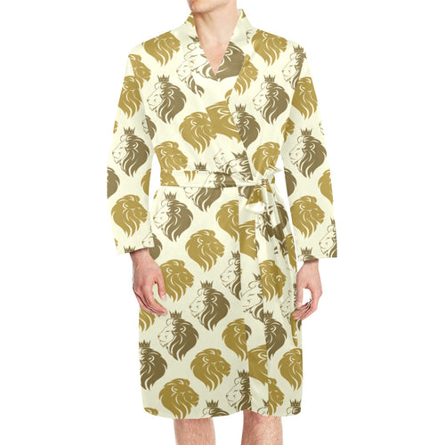 Lion Pattern Print Design 02 Men's Long Sleeve Belted Night Robe