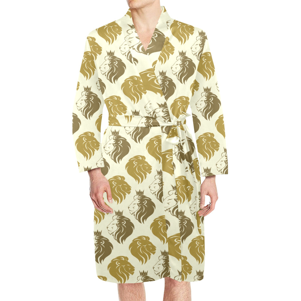 Lion Pattern Print Design 02 Men's Long Sleeve Belted Night Robe