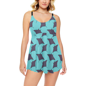 Stingray Pattern Print Design 02 Chest Sexy Pleated Two Piece Swim Dress