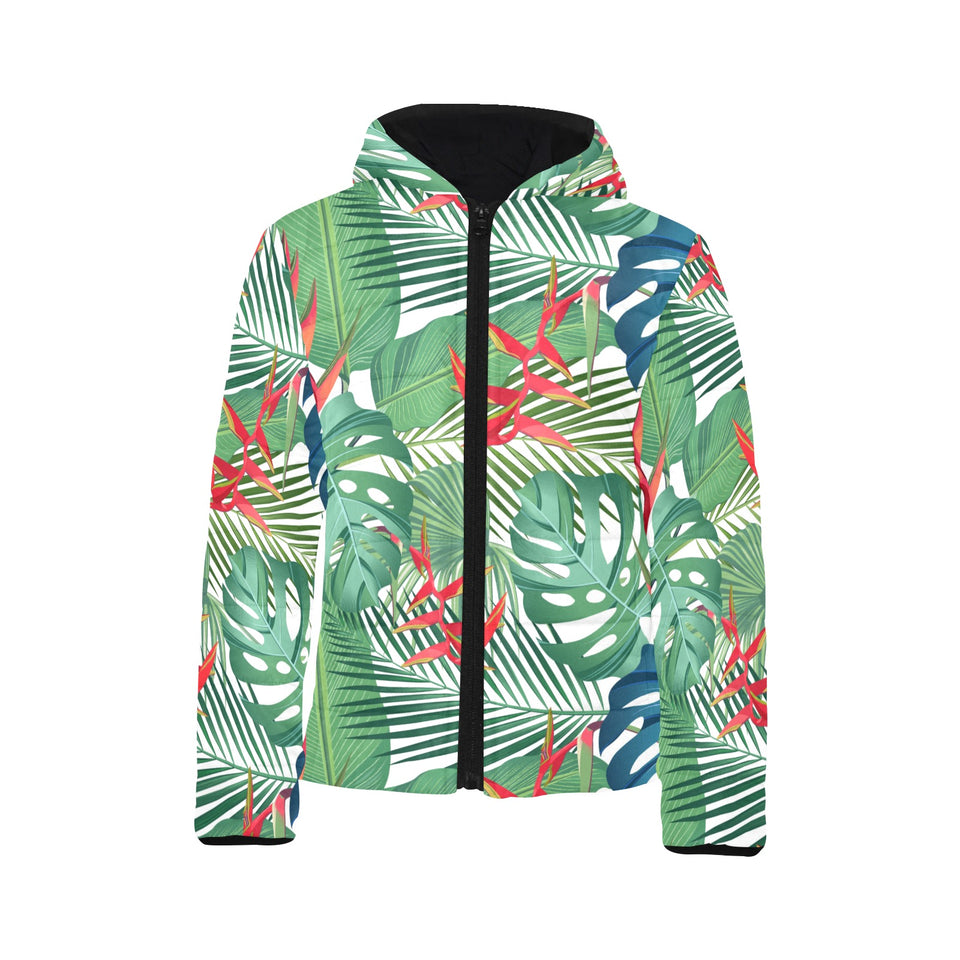 heliconia palm and monstera leaves pattern Kids' Boys' Girls' Padded Hooded Jacket