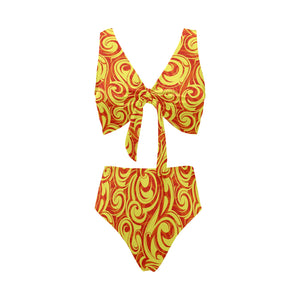 Fire flame design pattern Chest Bowknot High Waisted Bikini Swimsuit