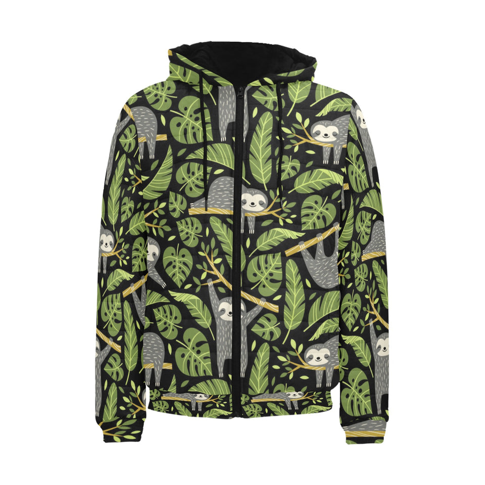 Cute sloths tropical palm leaves black background Men's Padded Hooded Jacket