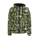 Cute sloths tropical palm leaves black background Men's Padded Hooded Jacket