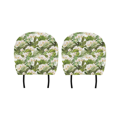 White orchid flower tropical leaves pattern Car Headrest Cover
