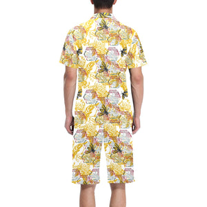 Cool Bee honeycomb leaves pattern Men's V-Neck Short Pajama Set