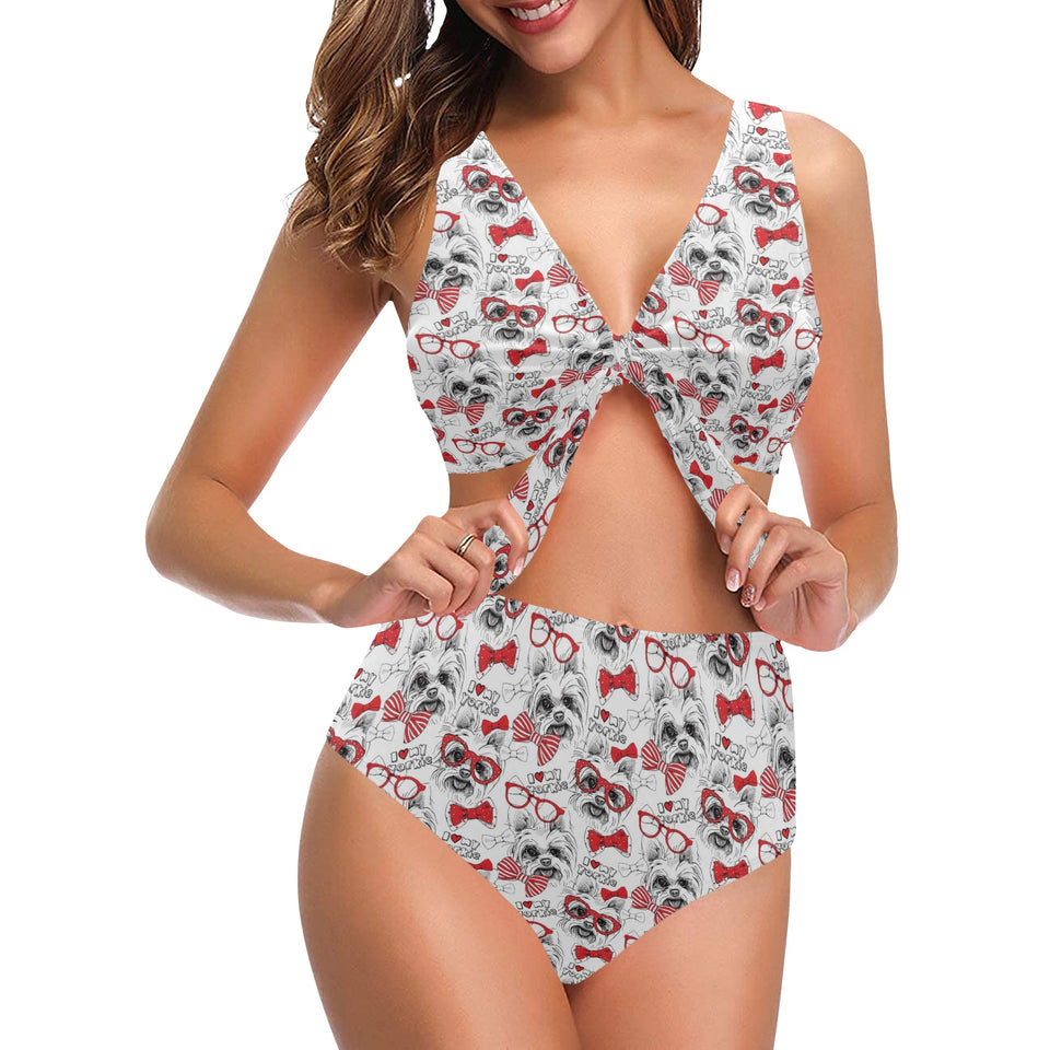 Yorkshire Terrier Pattern Print Design 04 Chest Bowknot High Waisted Bikini Swimsuit