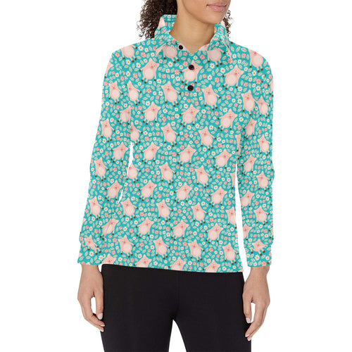 Pig Pattern Print Design 01 Women's Long Sleeve Polo Shirt