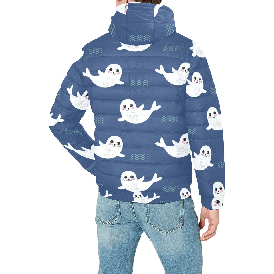 Cute white baby sea lion seal pattern Men's Padded Hooded Jacket
