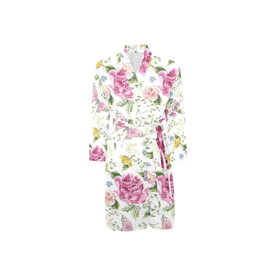 Hand drawn butterfly rose Men's Long Sleeve Belted Night Robe