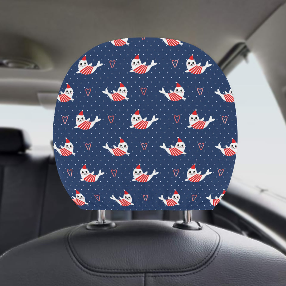 Cute sea lion seal christmas hat candy cane heart Car Headrest Cover