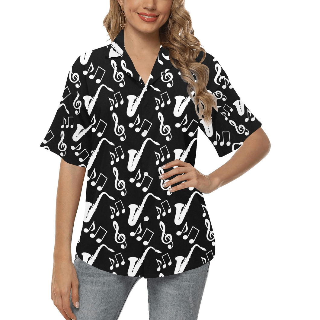 Saxophone music notes treble clef black white them Women's All Over Print Hawaiian Shirt