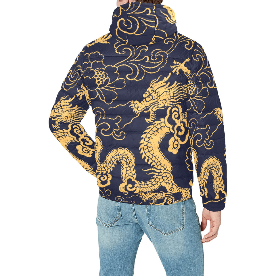 Gold dragon pattern Men's Padded Hooded Jacket