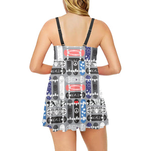 Skate Board Pattern Print Design 04 Chest Sexy Pleated Two Piece Swim Dress
