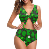 Frog waterlily pattern Chest Bowknot High Waisted Bikini Swimsuit