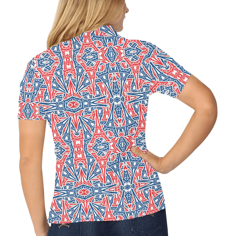 Blue Red Eiffel Tower Pattern Print Design 02 Women's All Over Print Polo Shirt