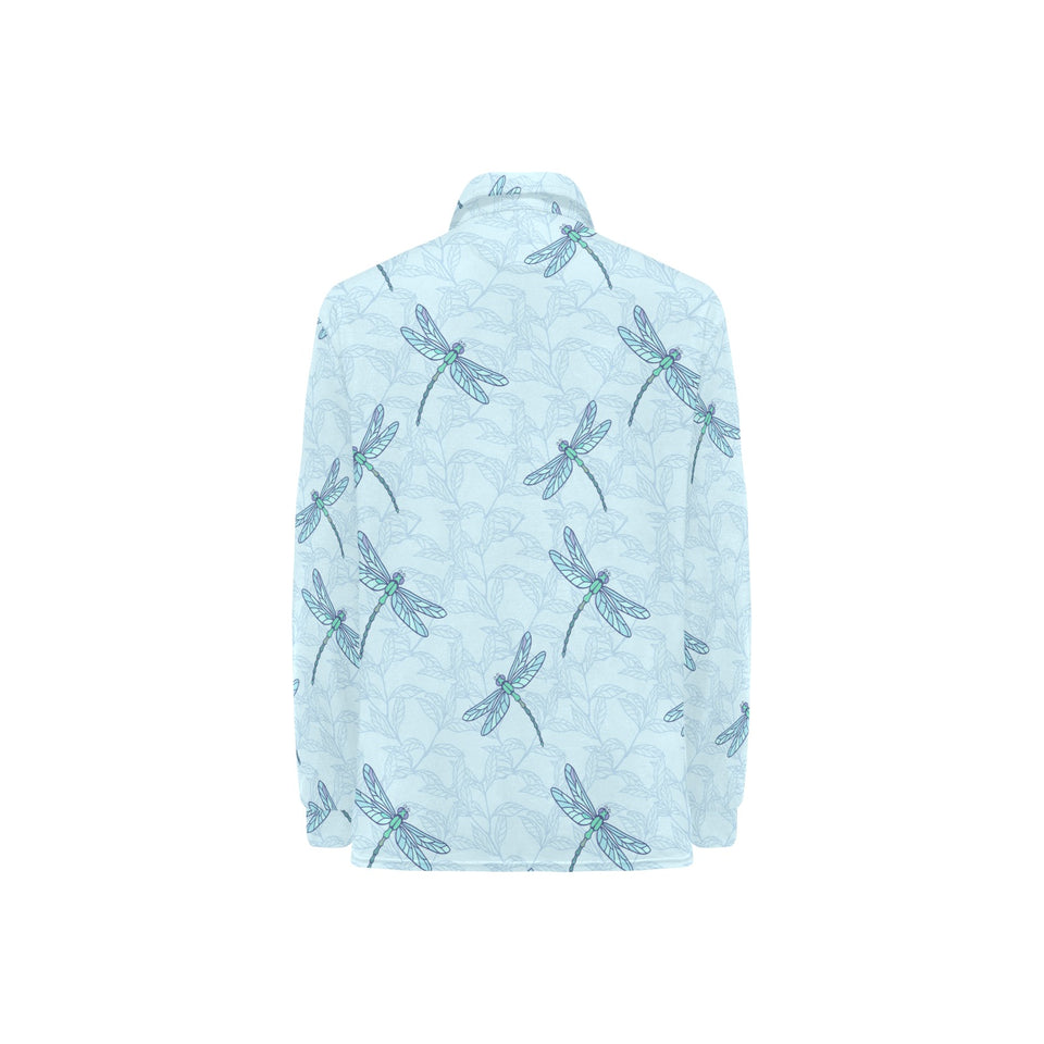 Dragonfly pattern blue background Women's Long Sleeve Polo Shirt