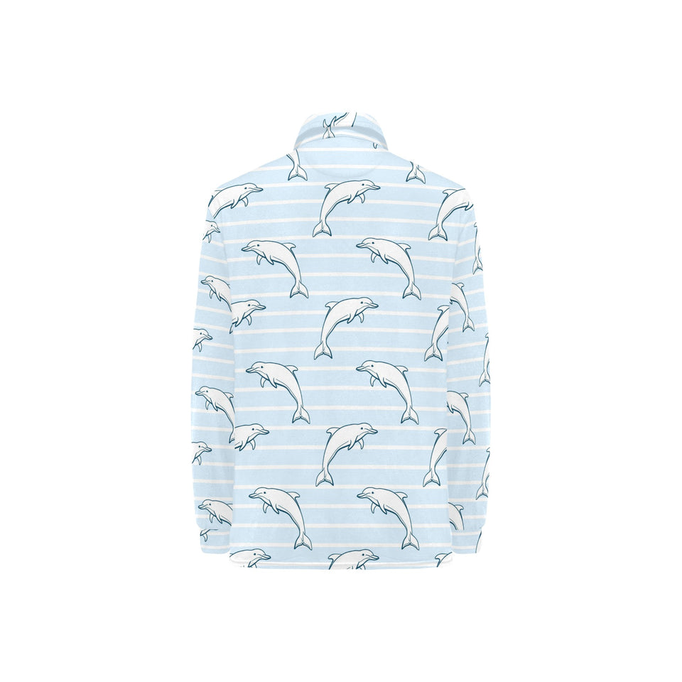 Dolphin blue striped background Women's Long Sleeve Polo Shirt